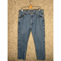 Wrangler Mens Faded Blue Denim Work Jeans Size 38x34 Straight Leg 96501DS