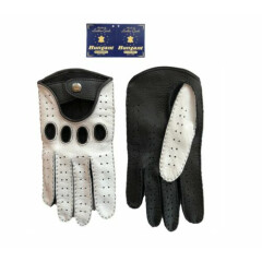 Men's White Black Driving Leather Gloves 
