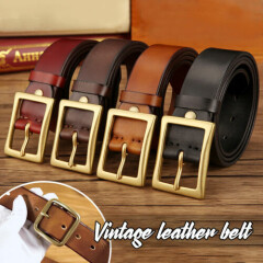 Men Luxury Genuie Leather Belt Retro Cowhide Waistband Copper Buckle Handmade