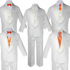 Boy White Shawl Lapel Party Suit Tuxedo to Choose ORANGE Satin Bow Necktie Vest 