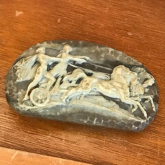 Vintage Large Carved Cream & Brown Resin Woman and Man Chariot Horses Belt Buckl