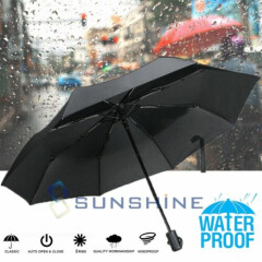 Large 50+ Anti-UV Sun Rain Protection Windproof 3 Folding Golf Umbrella Black