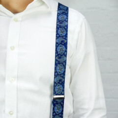 Paisley Blue Navy White Clip On Trouser Braces Elastic Suspenders Handmade UK