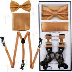 New in box Men's Convertible Elastic Strap glitter gold Suspender_Bowtie Hankie