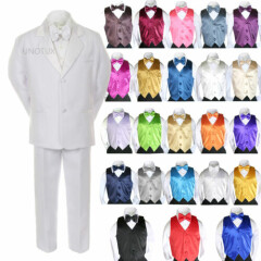 Baby Boy Formal Wedding Party 7PC White Tuxedo Suit Color Pick Vest Bow Tie S-7
