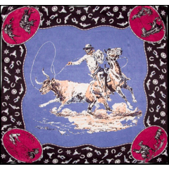Wyoming Traders Limited Edition CM Russell Cowboy Print Blue Silk Scarf - 34.5"