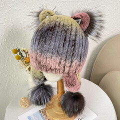 Children Baby Russia Winter Rex Rabbit Fur Hats Fox Fur Ball Warm Ear Protection