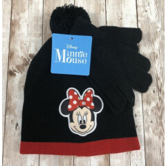 New Girls Child Size Black & Red Disney Minnie Mouse Beanie Hat and Gloves Set