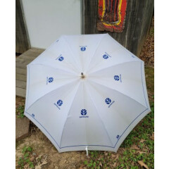 New Holland Umbrella 45.5” 220cm White with Blue Writing - Blue Wooden Handle