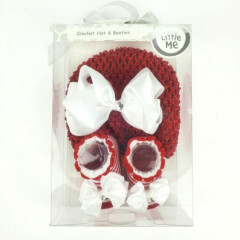 Little Me Crocheted Baby Red White Beanie Hat & Booties up to 12 mos Christmas