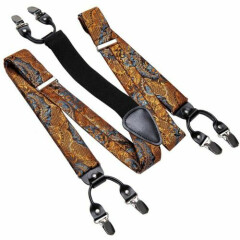 Men Silk Leather Elastic Suspenders For Wedding Bowtie Pocket Hanky Cufflink Set