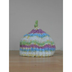 Hand knitted ~ Newborn Baby ~ Top knot hat ~ Mixed colour