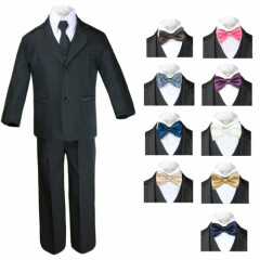 9 Color Pick Bow Tie + Baby Toddler Boy 6pc Black Formal Wedding Suit Tuxedo 