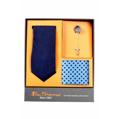 NIB Ben Sherman Solid Tie, Pocket Square, & Lapel Pin Box Set 3 Pc Set Navy Blue