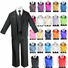 7pcs Baby Boy Teen Formal Wedding Party Black Tuxedo Suits + Color Vest Tie Set
