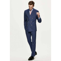 Men Blue Stripes Suits Grooms Wedding Casual Dinner Party Suits (Coat+Pant)