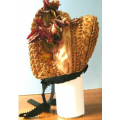 Antique Victorian golden straw bonnet Hat 1880s black velvet flowers silk 