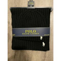 Polo Ralph Lauren Men's 2 Piece Set Hat & Scarf Black Lambswool Blend NWT 150$