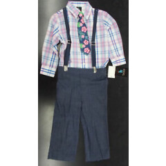 Toddler & Boys Young Kings $54 Navy & Pink Plaid Suit w/ Suspenders Size 2T - 7