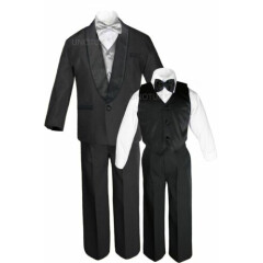 Boys Satin Shawl Lapel Suits Tuxedos EXTRA Silver Bow Tie Vest Sets Outfits S-18