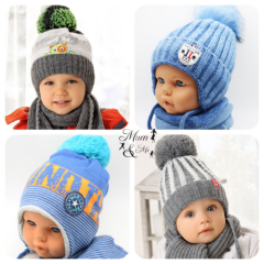 NEW Cute Kids Baby Boys Hat Knitted Winter Set Cap with Scarf Tie up Warmer