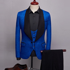 Men Casual Business Big Black Collar Jacquard Dark Blazers Pants Vest 3Pcs Set