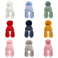 Newborn Baby Boys Girls Winter Cable Twist Pom Pom Knit Hat Mittens 0-12 Months