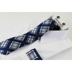 Mens Navy & Silver Checkered Matching Neck Tie, Pocket Square, Cuff Links And