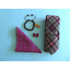 Harrison Blake Gray Pink Tie + Pocket Square + Tie Bar + Bracelet + Cuff Links