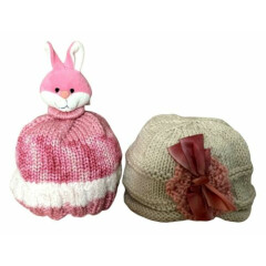Handknit Craftcore Girls Hats Pink & White Bunny Neutral with Silk Bow 2 Lot