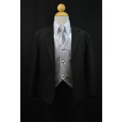 Boy Baby Toddler Kid Teen Formal Wedding Black Silver Suit Tuxedo 5pc Set S-20