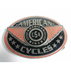 Black Orange Enamel Silvertone American Biker USA Cycles Metal Oval Belt Buckle