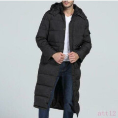 Men Long Puffer Warm Full Length Hooded Parka Down cotton Winter JacketCoatBlack