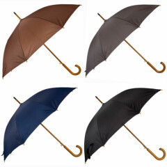 Wooden Crook Handle Automatic Open Umbrella Deluxe Brolly Walking Stick Rain NEW