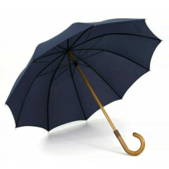 Longchamp Classique Long Maple Wood Handle Walking Stick Umbrella Blue Unisex