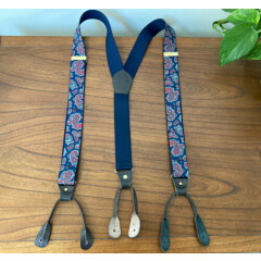 Pelican Suspenders Braces Red Blue Paisley Leather Button Attach Brass Stretch