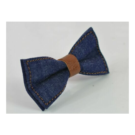 Boy Kids Navy Blue Denim Brown Faux Leather Bow tie + Brown Leather Suspenders image {3}