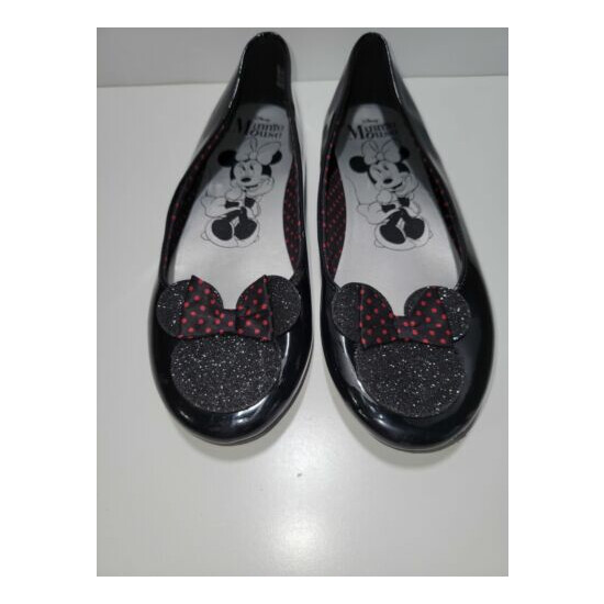 DISNEY Minnie Mouse Black Patent Flat Shoe Hot Pink Polka Dot Bow Glitter Size 2 image {1}