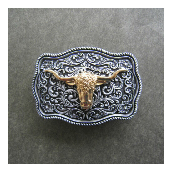Western Flower Pattern Longhorn Bull Metal Belt Buckle image {1}