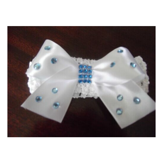White Baby / Girls / school Crochet Romany Bling Headband with blue gems onesize image {2}