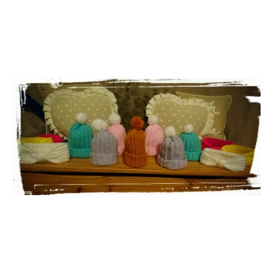 New Handmade Slate Grey & Pink Newborn Or Premature Baby Crochet Pompom Hat image {2}