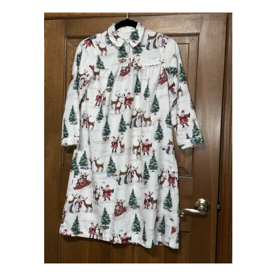 Pottery Barn Kids Santa /Reindeer/ Tree Flannel Nightgown Cozy Soft Size10 White image {1}