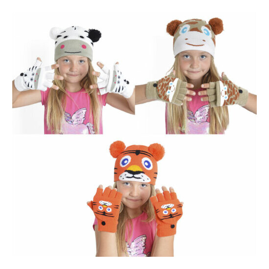 Kids Animal Hat & Mitten Warm Winter Gloves Beanie Set Fun Boys Girls Outdoor  image {1}