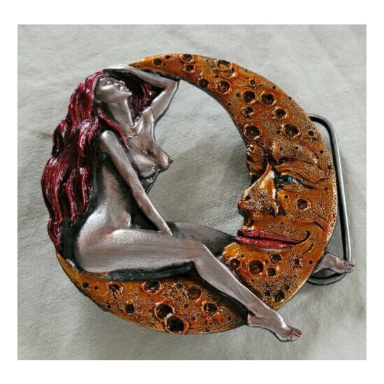 NUDE LADY ON MOON FACE NAKED RED HAIRED WOMAN BELT BUCKLE USA MADE BERGAMOT NEW image {1}