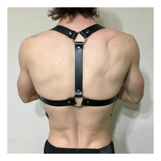 Men Faux Leather Adjustable Shoulder Brace Bondage Belt Strap w/ Metal Ring Chic image {3}