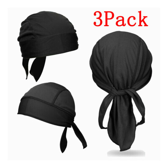 3pcs Black Bandanas Doo Rag Head wrap Do Rag Biker Skull Cap Capsmith Du Rag Hat image {1}