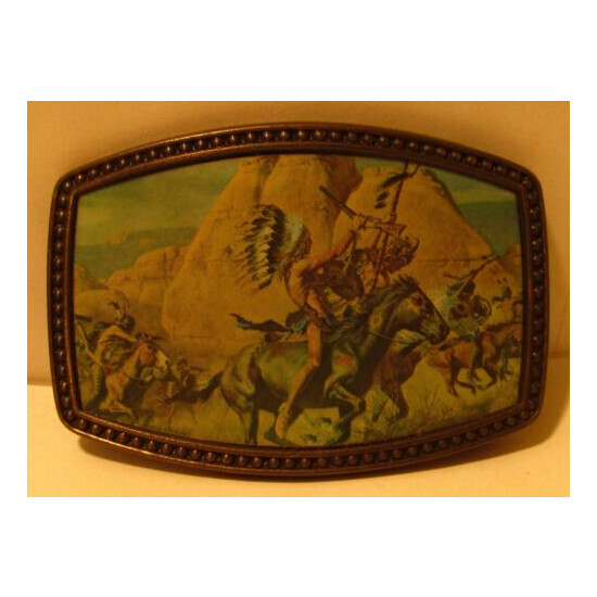 Indians on Horseback in Battle - 1970s Metal Western Belt Buckle image {1}