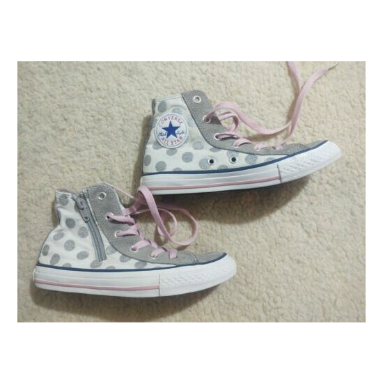 Converse Junior Size 1.5 Gray & White w/ Silver Polka Dots Hi Top Sneakers Shoes image {1}