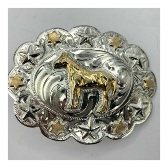 Vintage Silver Strike Western Mens Belt Buckle 3 D Horse Stars Gold Cowboy BK262 image {6}