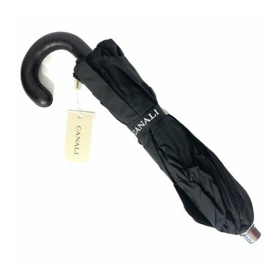 CANALI Nylon Canopy Leather Handle Umbrella Black Medium (MSRP $250) Thumb {1}